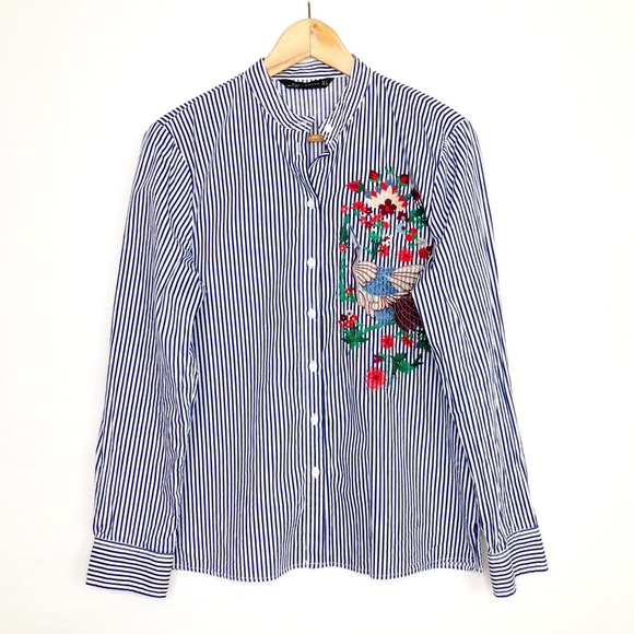 Zara pinstripe blue and white embroidered button-down shirt - Picture 1 of 9